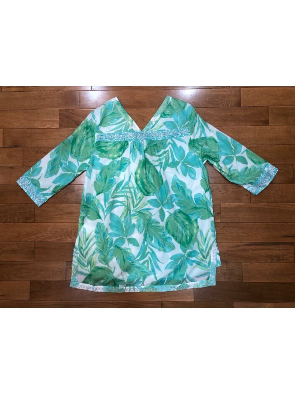 Christian Siriano Tropical Green & White Cover Up Tunic Size L Beach Bohemian - Picture 9 of 9